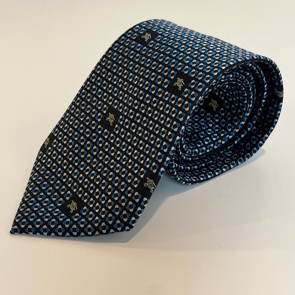 Burberry London Silk Tie Mens Black Blue Geometric Prorsum Knight Logo Handmade